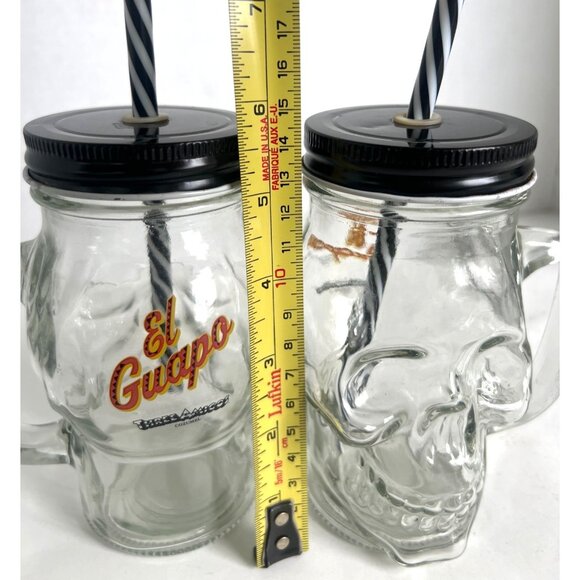 Vtg El Guapo Three Amigos Skull Glass Mason Jar Mugs Handles & Straws Cosumel - Picture 6 of 6